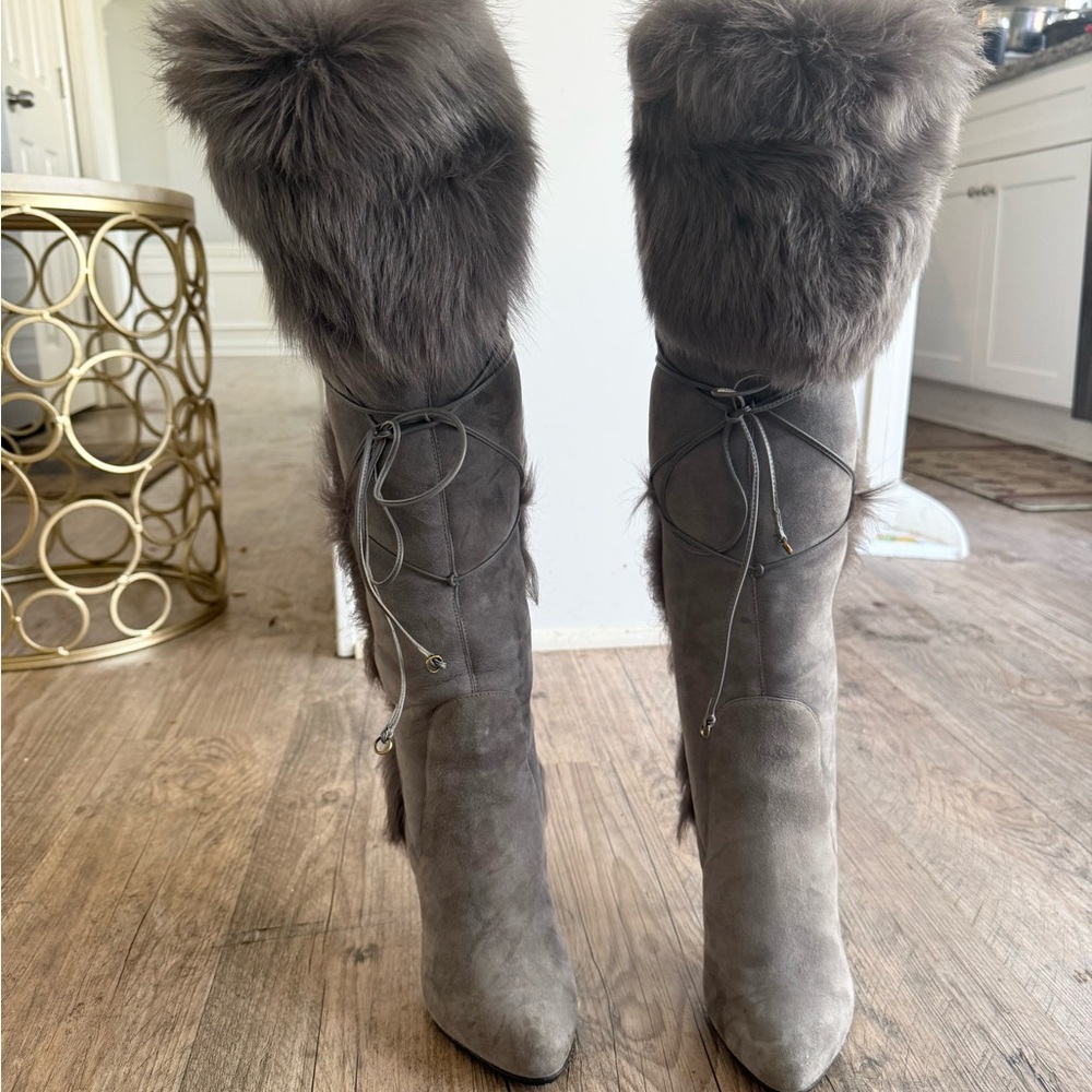 Sergio Rossi Gray Fur-Trim Knee Boots
